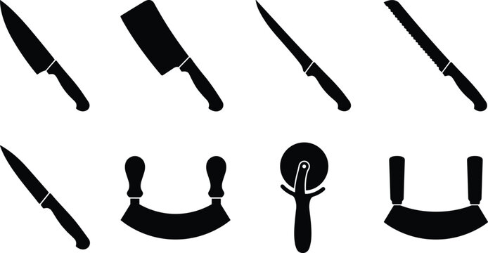Set of black kitchen knives and cutting tools silhouettes isolated on a white background for culinary design
