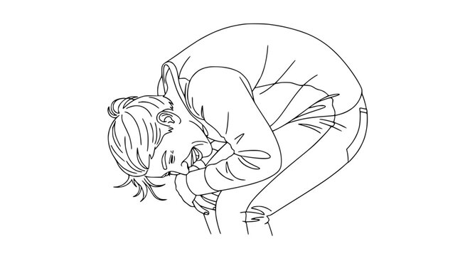 Person bent over laughing, cartoon style line drawing