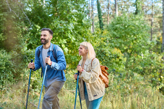 Hiking couple, young man and woman enjoys nature with trekking poles in a lush forest during a sunny day