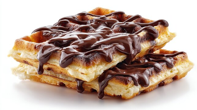Stacked crispy waffles drizzled with flowing chocolate sauce, food closeup on plain white background, breakfast dessert bakery catering graphic