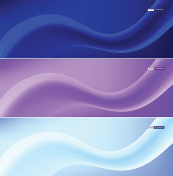 Set of abstract horizontal headers with vibrant 3D fluid wave shapes in blue, purple, and light blue gradients.