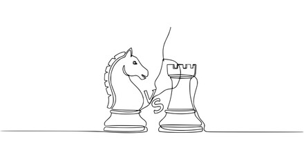 Chess Knight Versus Rook, Continuous Line Drawing, Strategy and Competition Concept © Papa