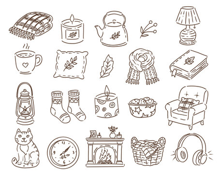 Seasonal autumn hygge lifestyle vector collection, hand drawn cat, hot mug, candles, kettler, scarf, socks and books for fall designs and winter lifestyle
