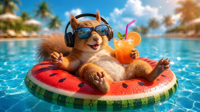 Cute Squirrel Relaxing on Watermelon Pool Float Wearing Sunglasses and Headphones Holding Tropical Cocktail, Summer Pool Party