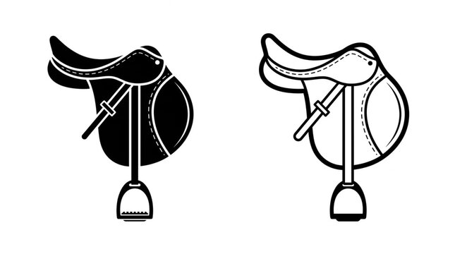 Horse saddle vector icon set. English equestrian saddle silhouette and outline illustration isolated on white background.