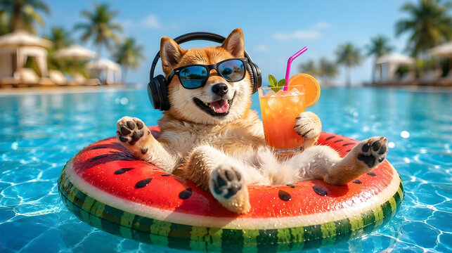 Cute dog Relaxing on Watermelon Pool Float Wearing Sunglasses and Headphones Holding Tropical Cocktail, Summer Pool Party