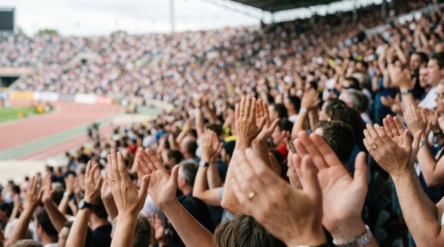 A vast stadium filled with spectators, all with their hands raised in applause and celebration, creating a dynamic atmosphere of shared excitement and enthusiasm