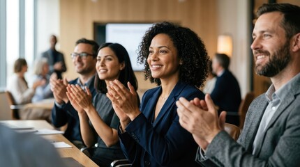 Obraz premium A group of business professionals are seated at a conference table, applauding and smiling in appreciation. They are dressed in professional attire and appear engaged in a meeting or presentation