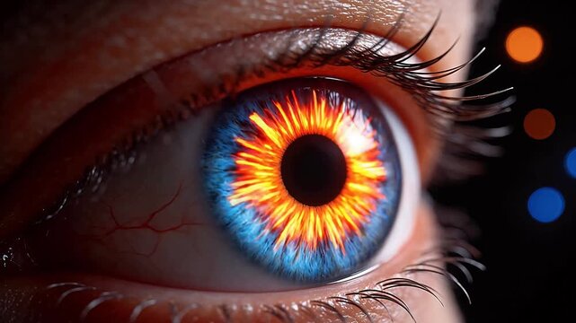 Closeup of an eye with fiery iris