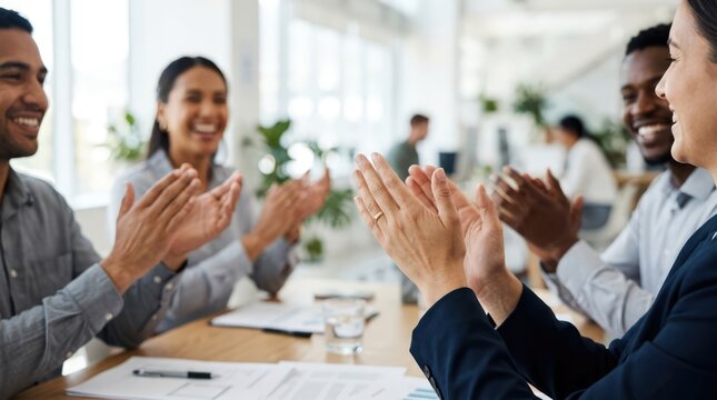 Diverse group of professionals clapping and smiling in a modern office setting, celebrating success and collaboration. Their expressions convey joy and accomplishment during a meeting or event