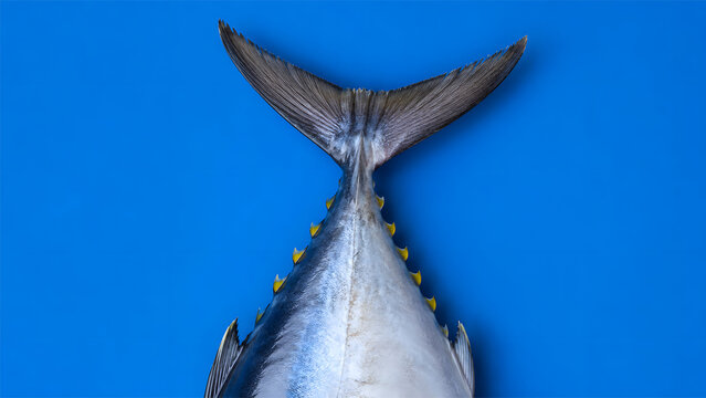 closeup of tuna fish tail on blue background