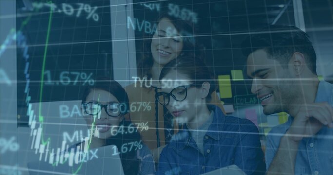 Chart overlay appearing, team gathering around laptop and tablet, pointing and analyzing stocks