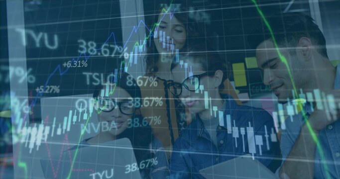 Chart overlay appearing, team gathering around laptop and tablet, pointing and analyzing stocks