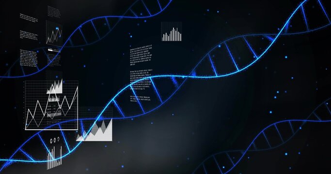 Luminous blue helix arcing from lower left, revealing line and bar charts for biotech analysis