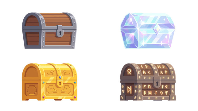 Set of medieval fantasy treasure chests game icons including wood, gold, crystal, and runic stone styles