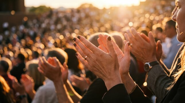 An audience applauding during a performance, bathed in the warm glow of the setting sun