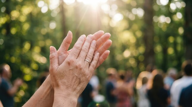 Hands clapping in applause, with a bright sunlit background of people gathered outdoors in a park or garden
