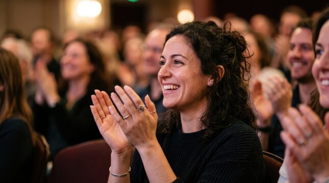 A woman in the foreground claps her hands, smiling broadly, as she sits amongst a crowd of people. The audience appears to be enjoying an event, possibly a performance or a presentation.
