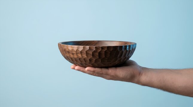 Hand Holding Wooden Bowl on Blue Background for Product Mockup Display