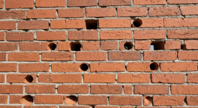 Brick wall with holes showing signs of wear and tear.