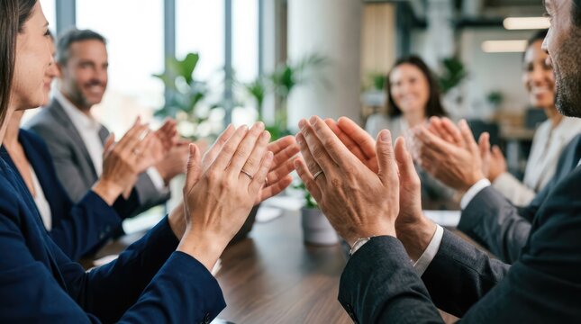 A group of business professionals in a meeting, clapping their hands in appreciation. The atmosphere is positive and collaborative, highlighting teamwork and success.