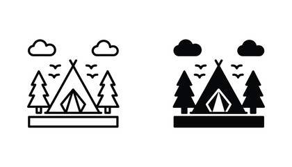 Camping tent vector icon isolated on white Black and white outline line art and solid glyph silhouette © VisionGrafix