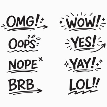 Web Handwritten Doodle Word Stickers Vector Set &ndash; OMG, WOW, OOPS, YES, NOPE, YAY, BRB, LOL with Sketch Arrows, Stars and Decorative Accents