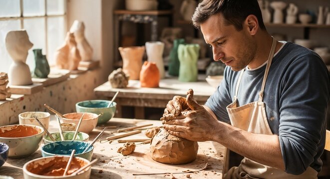 Man sculpting clay in pottery studio with colorful glazes and artistic creations surrounding him. Focus on hands shaping clay and creative process showcasing craftsmanship.