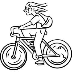 Obraz premium Young person with long hair riding a bicycle line art vector doodle illustration