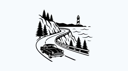 Naklejka premium Vintage Car on Coastal Road Vector Illustration