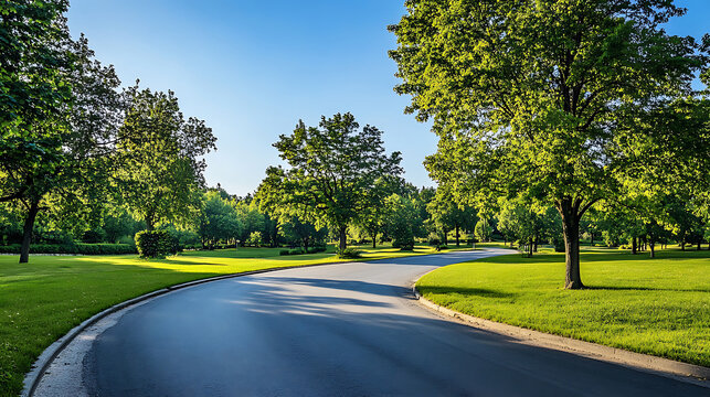 Scenic Tree Lined Road Passing Through A Beautiful Green Park On A Bright Sunny Day.
