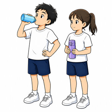 Children Taking a Water Break During Sports Activity, Educational Illustration