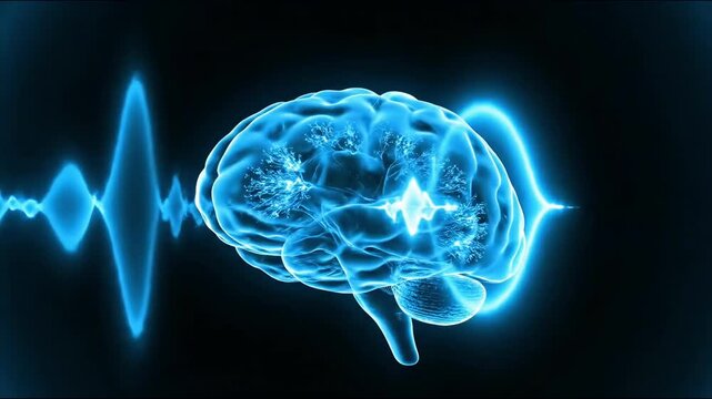 A digital 3D glowing blue human brain animation illustrating neural activity and intelligence on a dark background.