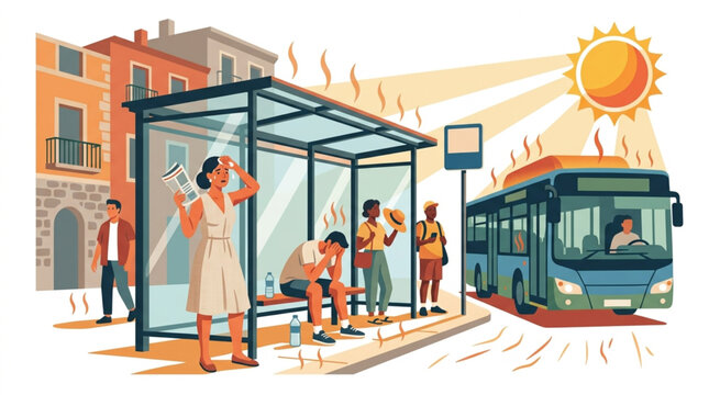 People endure extreme heat at a bus stop with a bus arriving under a scorching sun, depicted with warm, vibrant colors and a sense of discomfort