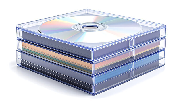 Stack of jewel case CDs with colorful discs and cases on a white background, digital data storage