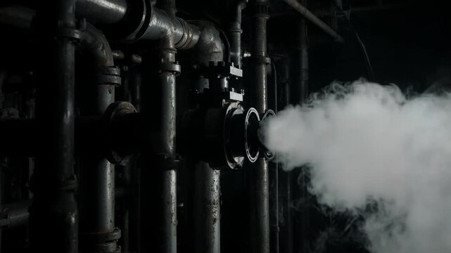 Steam escapes from industrial pipe valve as pressure builds, showcasing the continuous flow of vapor in a dimly lit mechanical environment with metal pipes
