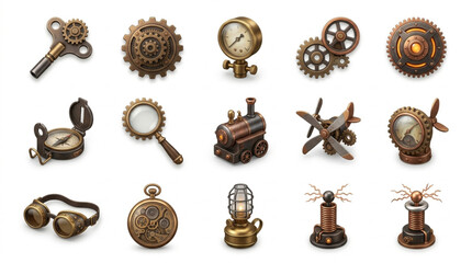 Collection of Steampunk Objects and Inventions with Gears and Brass. © Erda
