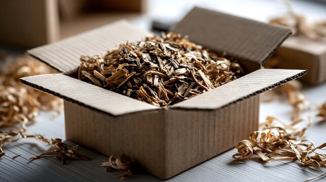 Offener Versandkarton mit Holzwolle als nachhaltiges F&uuml;llmaterial f&uuml;r sicheren Paketversand