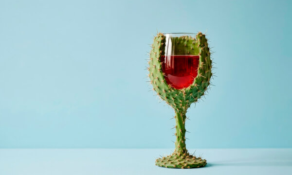 A cactus-shaped wine glass on a blue background. Keep your hands away from alcohol