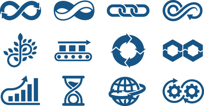 Blue business icons set, infinity symbols and circular process arrows, 12 vector elements for logistics and sustainable industry concepts