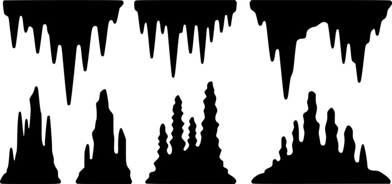 Collection of cave stalactites and stalagmites vector silhouettes featuring sharp underground stone formations and cavern interior design elements isolated on white background.