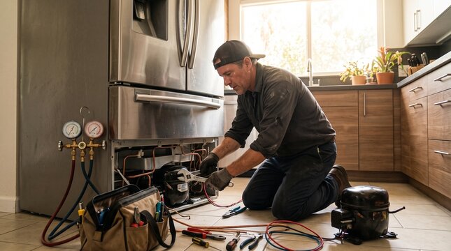 Professional Technician Repairing Refrigerator Compressor in a Modern Kitchen.