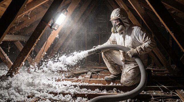 Professional worker in protective suit insulating attic with blown-in cellulose insulation for energy efficiency.