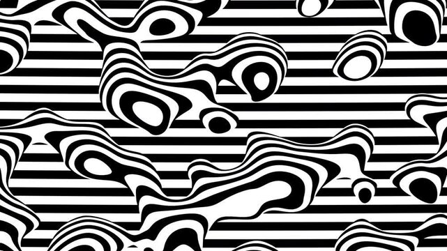 This video features a smooth, looping animation of monochrome wavy lines and three-dimensional organic shapes. High-contrast black and