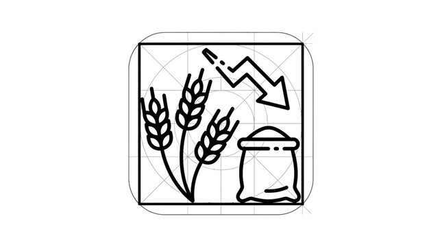 Wheat Harvest Decline Icon: Grain Bag, Wheat Stalks, Downward Trend Arrow