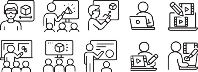 Fototapeta premium Black and white line icons depicting people engaging with technology for presentations and video creation