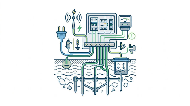 Complex electrical wiring diagram with power plug and grounding system.