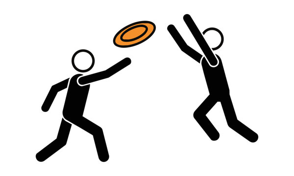 Two stick figures playing with a flying disc on a white background minimalist leisure activity concept
