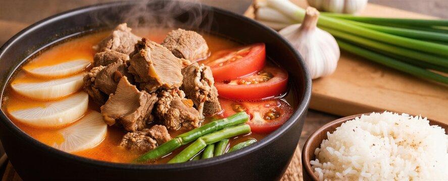Hot pork sinigang soup with radish and tomatoes. Steam rises from savory broth with tender meat chunks. Served with fresh white rice in bowl on wood table.