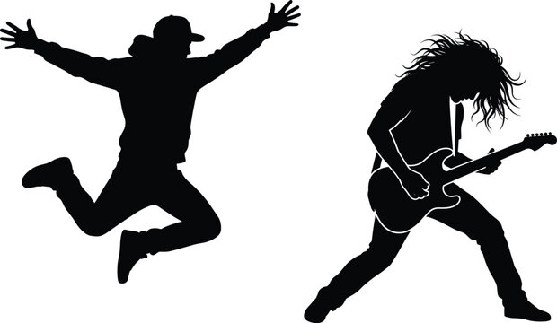 Black silhouettes of a jumping hip hop dancer and a rock guitarist performing on a white background